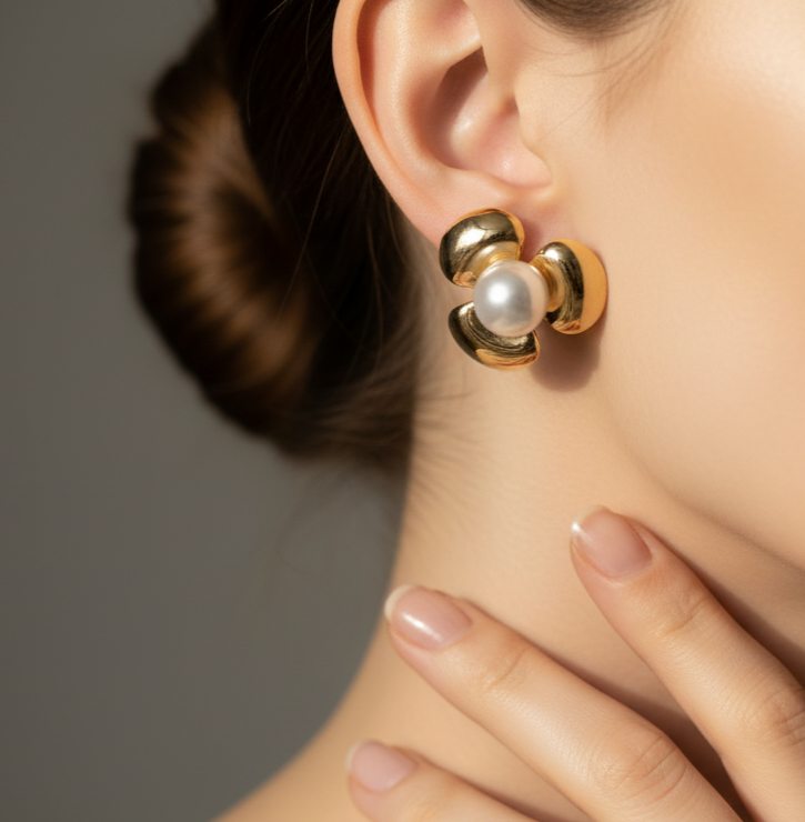 گوشواره استیل طلایی براق مدل شکوفه با مروارید سفید مرکزی در گوش مدل