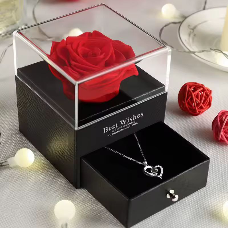 جعبه جواهرات کادویی کشویی طرح پلکسی شفاف با گل رز قرمز و چاپ Best Wishes