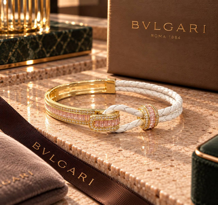 تصویر دستبندهای لوکس چرم و فلز طرح بولگاری BVLGARI با چرم بافتهشده سفید، نگینهای تراش باگت رنگی و مخراجکاری برلیان در رنگهای پایه طلایی و نقرهای گالری آریسا