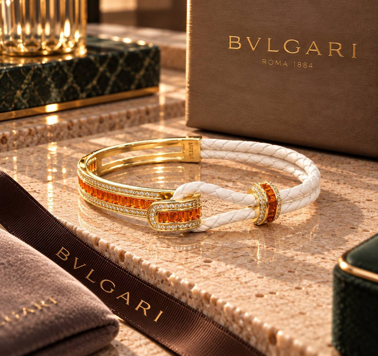 تصویر دستبندهای لوکس چرم و فلز طرح بولگاری BVLGARI با چرم بافتهشده سفید، نگینهای تراش باگت رنگی و مخراجکاری برلیان در رنگهای پایه طلایی و نقرهای گالری آریسا