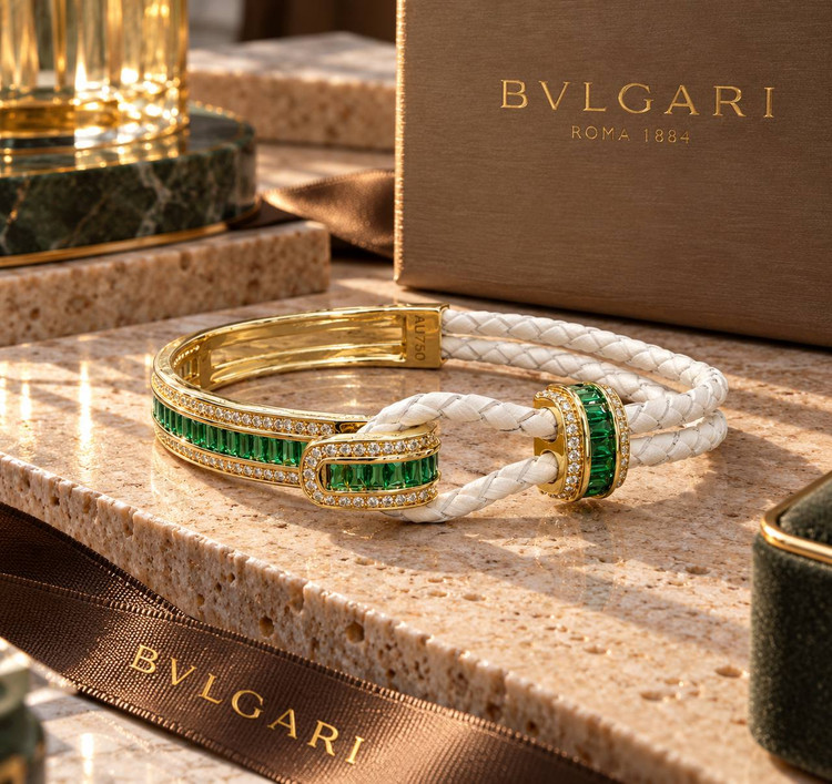 تصویر دستبندهای لوکس چرم و فلز طرح بولگاری BVLGARI با چرم بافتهشده سفید، نگینهای تراش باگت رنگی و مخراجکاری برلیان در رنگهای پایه طلایی و نقرهای گالری آریسا