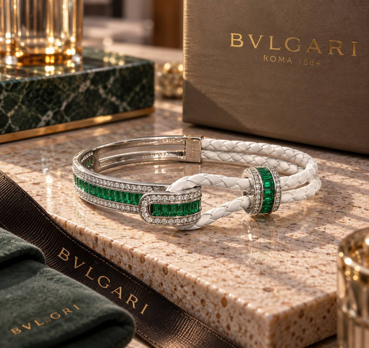 تصویر دستبندهای لوکس چرم و فلز طرح بولگاری BVLGARI با چرم بافتهشده سفید، نگینهای تراش باگت رنگی و مخراجکاری برلیان در رنگهای پایه طلایی و نقرهای گالری آریسا